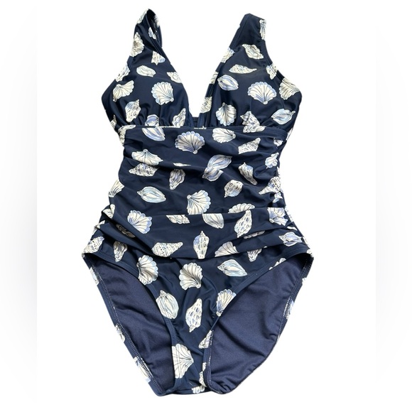 ELLEN TRACY womens Navy Blue sea shells One Piece Ruched Swimsuit Sea size 8 NWT - Picture 2 of 6
